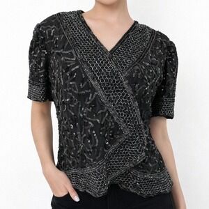 Brilliante by J A Beaded Sequin Top Womens XXL Black Vintage Blouse Formal Glam